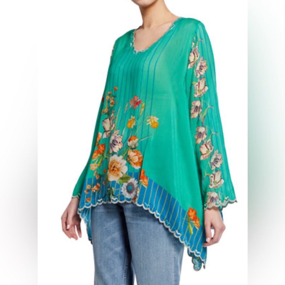 Johnny Was Green Tunic Blouse Embroidered Iris Floral Size S georgette Stella